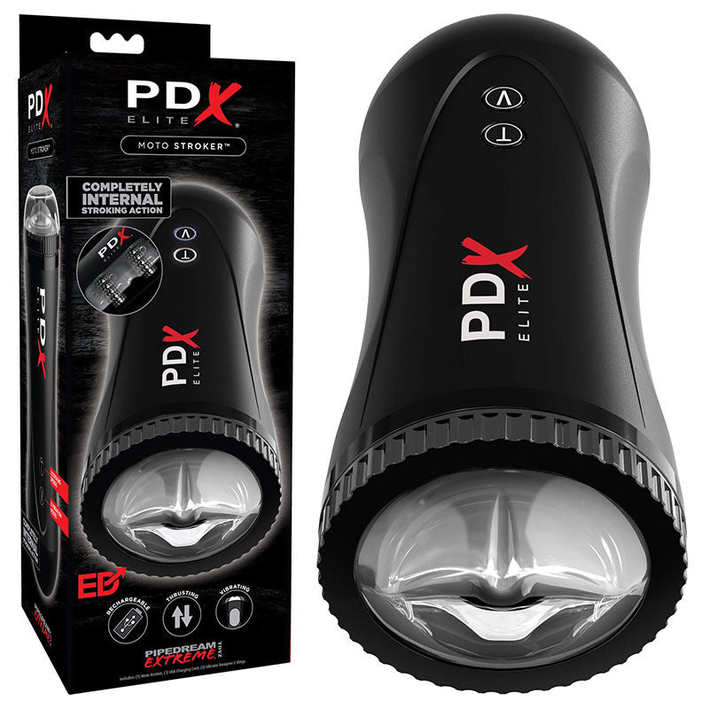 Front view of the PDX Extreme Toyz Elite Moto Stroker male masturbator alongside its packaging, displayed on a clean white background | Flirty Bay adult store Perth